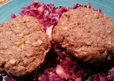 Buffalo Apple Burgers with Garlic Cabbage Rice