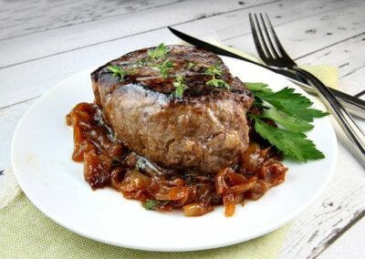 Filet Mignon with Garlic Caramelized Onions
