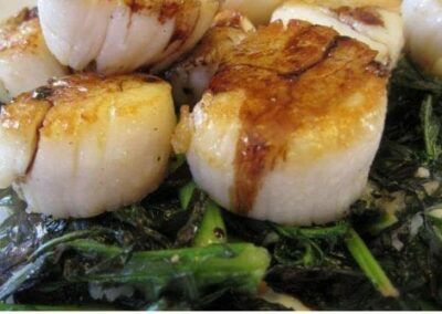 Spicy Mustard Scallops with Chard