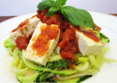Tofu with Fire Roasted Tomatoes and Zucchini Noodles